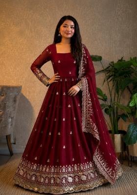 Maroon Sequin Work Silk Anarkali With Dupatta