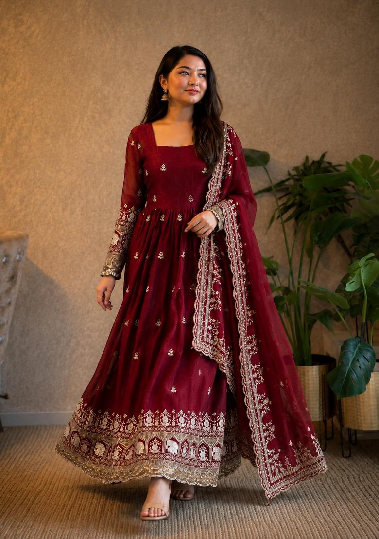 Maroon Sequin Work Silk Anarkali With Dupatta - Indya