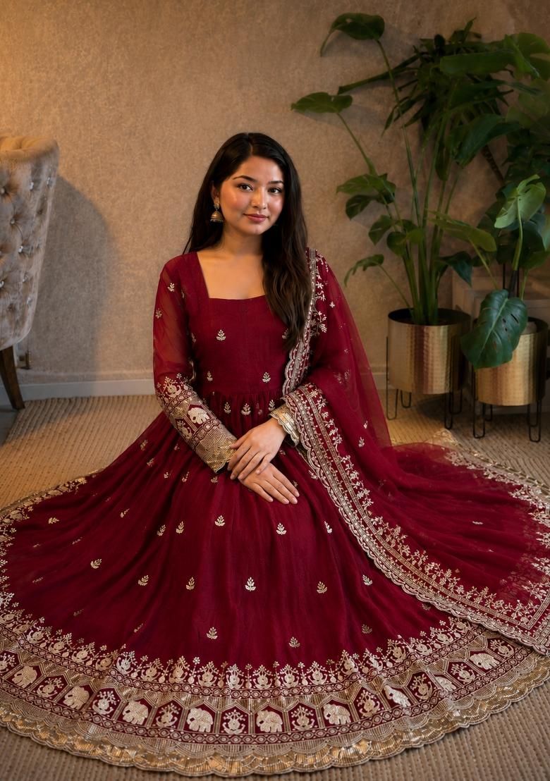 Maroon Sequin Work Silk Anarkali With Dupatta - Indya