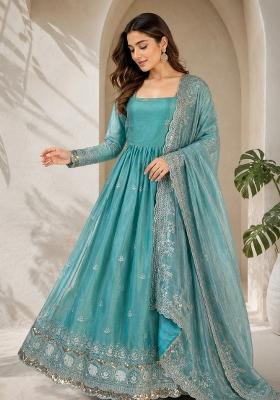 Sky Blue Sequin Work Silk Anarkali With Dupatta