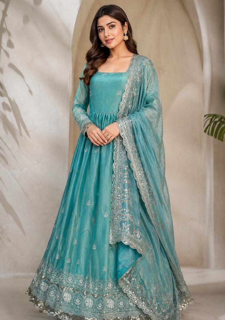 Sky Blue Sequin Work Silk Anarkali With Dupatta - Indya