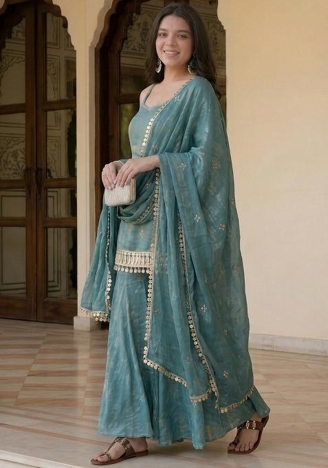 Sky Blue Sequin Work Silk Kurta Set