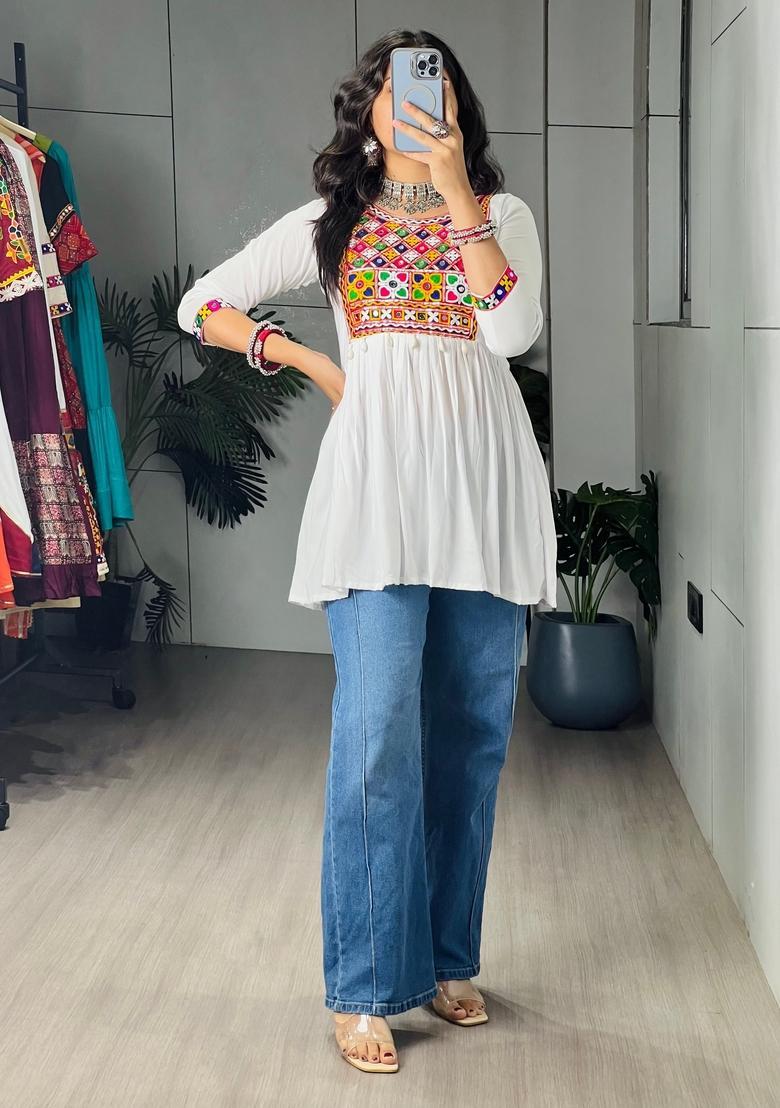 White Mirror Work Cotton Kediya Top - Indya
