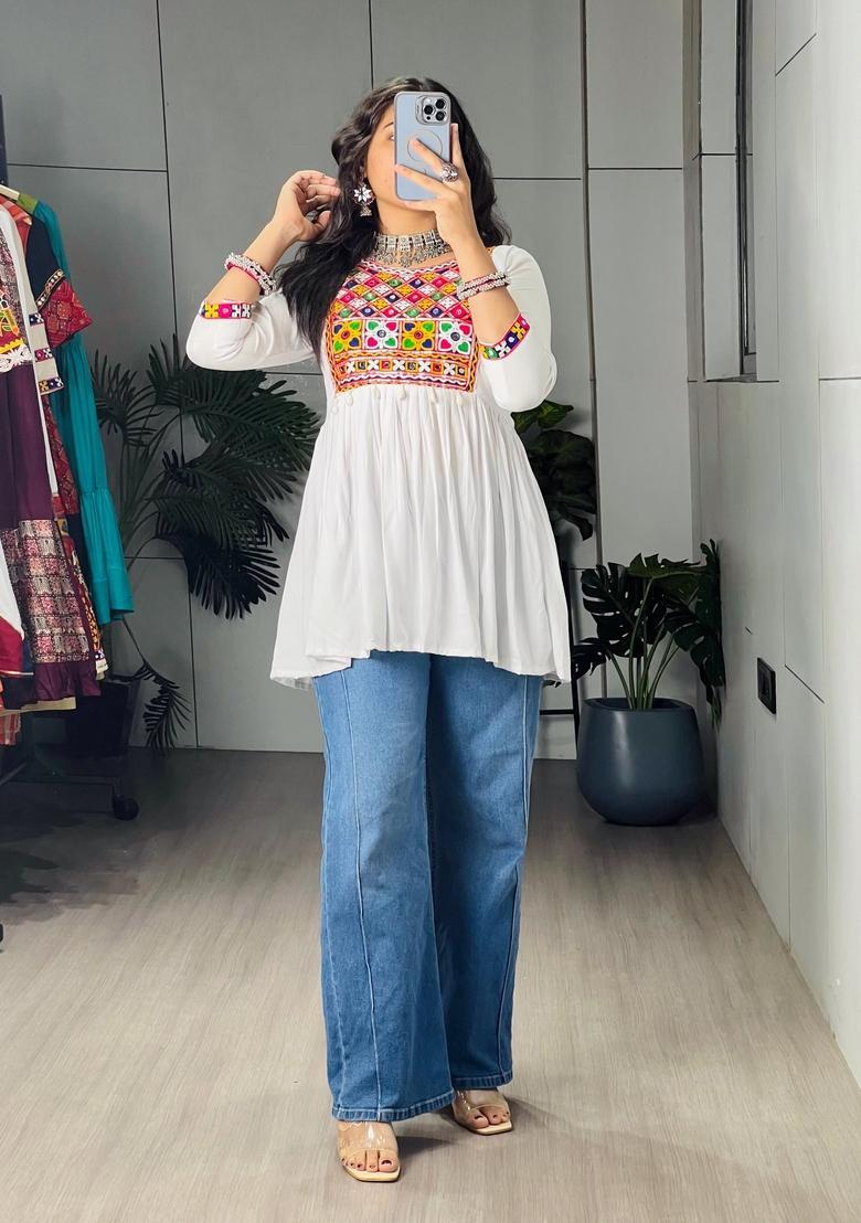White Mirror Work Cotton Kediya Top - Indya