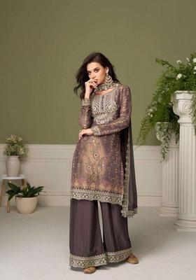 Brown Embroidered Chinon Kurta Set