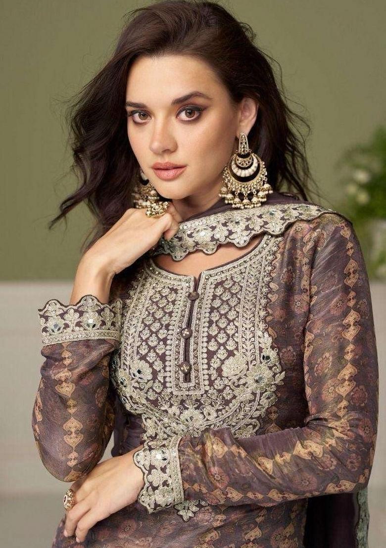 Brown Embroidered Chinon Kurta Set - Indya