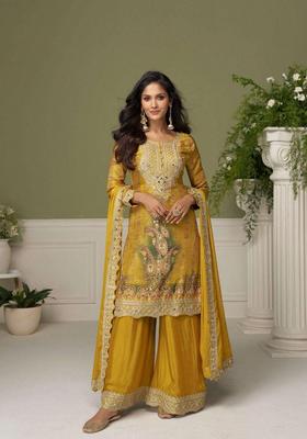Yellow Embroidered Chinon Kurta Set