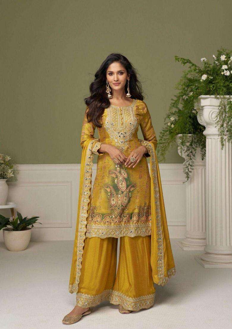 Yellow Embroidered Chinon Kurta Set - Indya