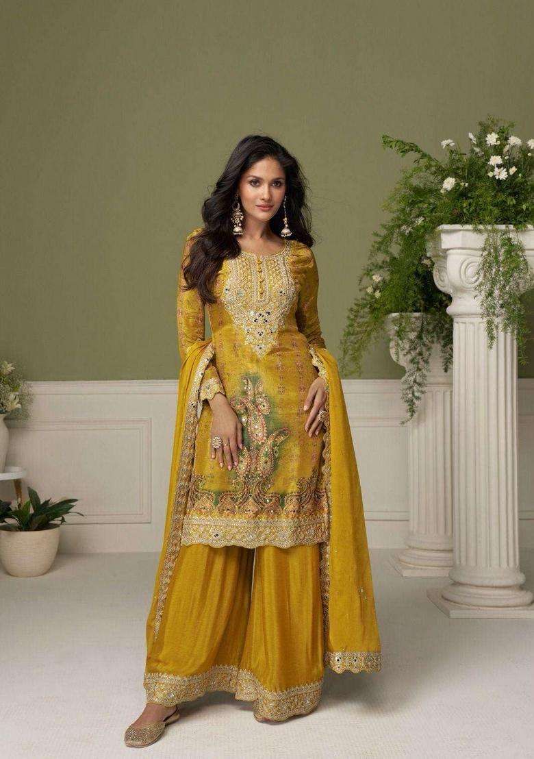 Yellow Embroidered Chinon Kurta Set - Indya