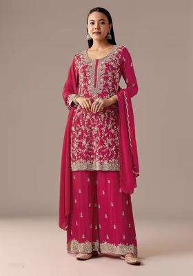 Red Embroidered Georgette Kurta Set