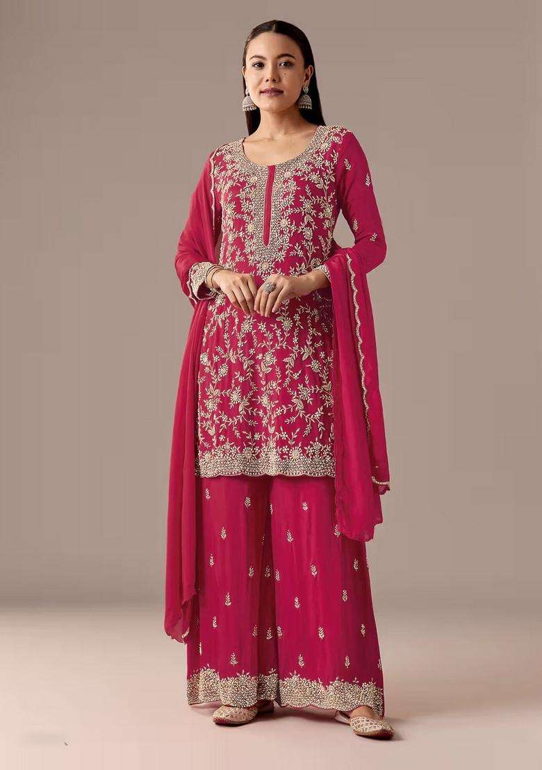 Red Embroidered Georgette Kurta Set - Indya