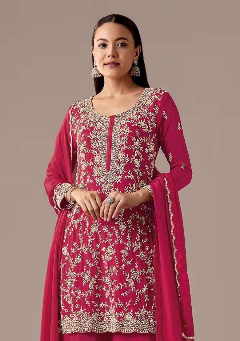 Red Embroidered Georgette Kurta Set - Indya