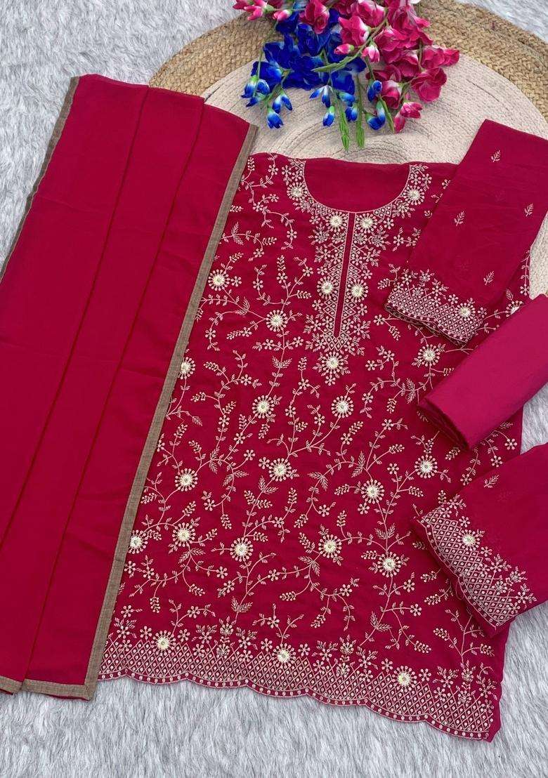 Red Embroidered Georgette Kurta Set - Indya