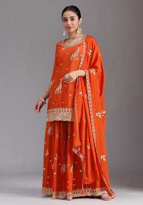 Orange Embroidered Chinon Kurta Set