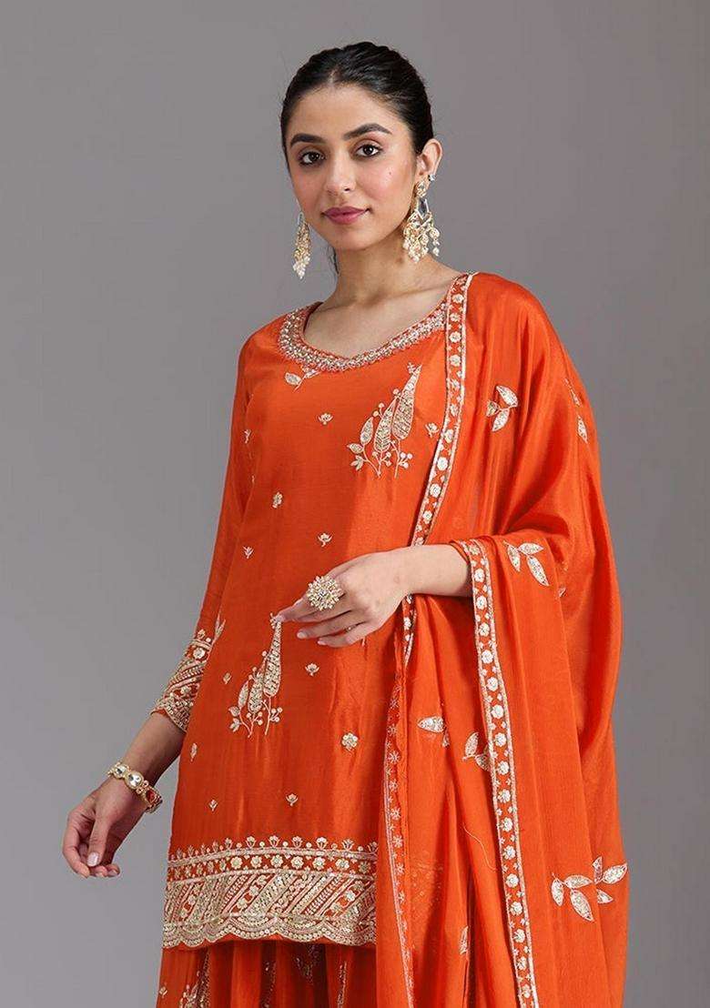 Orange Embroidered Chinon Kurta Set - Indya