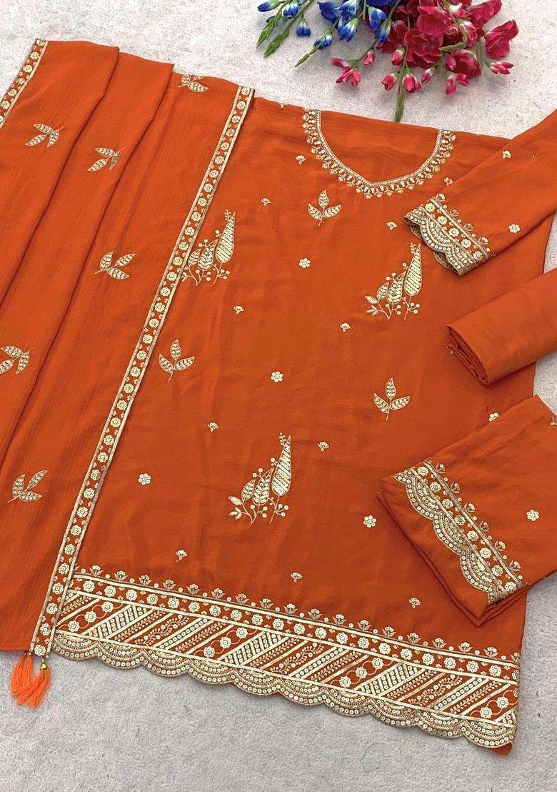 Orange Embroidered Chinon Kurta Set - Indya