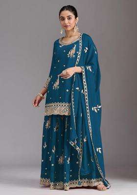 Teal Blue Embroidered Chinon Kurta Set