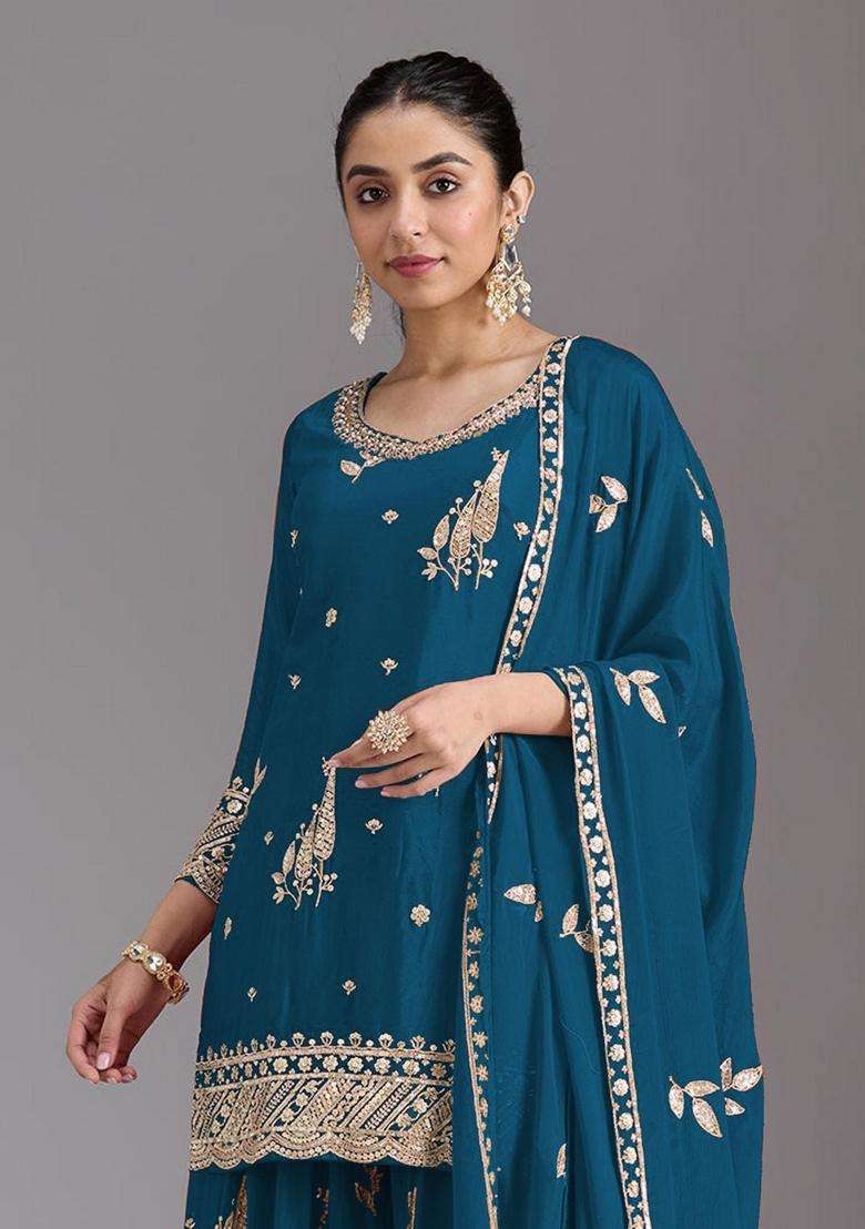 Teal Blue Embroidered Chinon Kurta Set - Indya