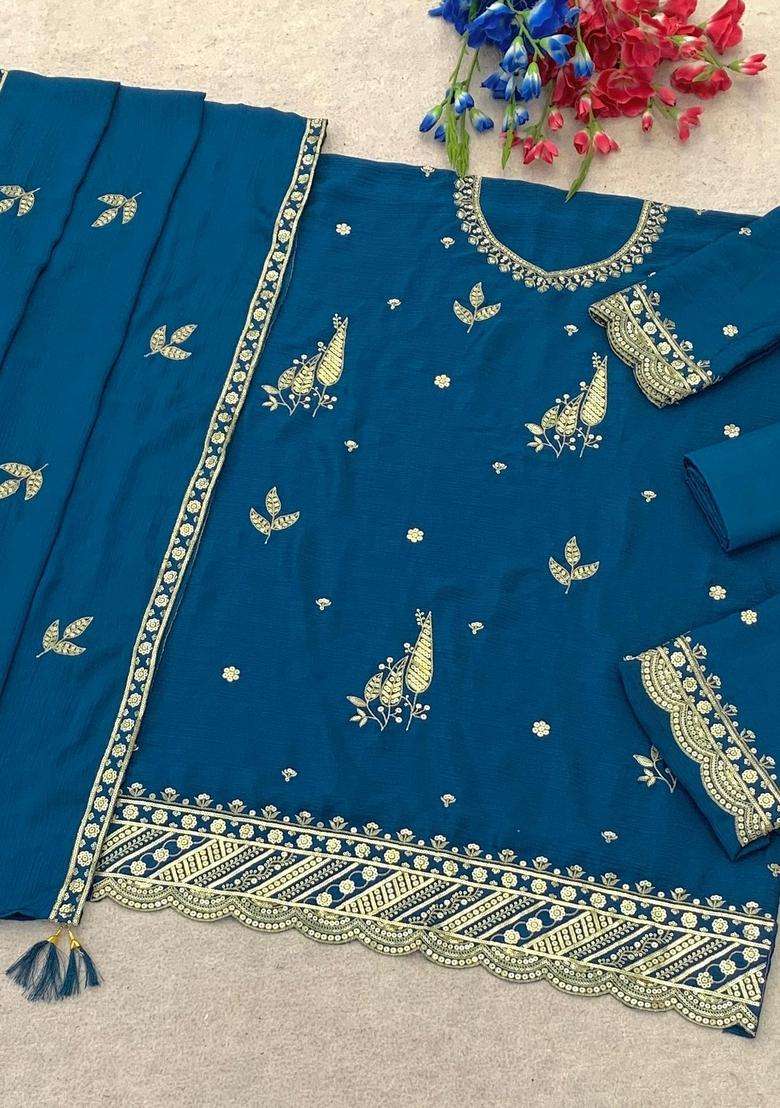 Teal Blue Embroidered Chinon Kurta Set - Indya