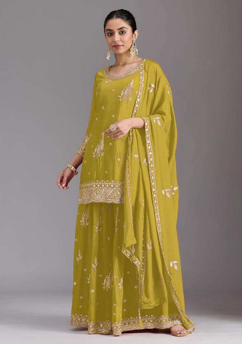 Olive Green Embroidered Chinon Kurta Set - Indya