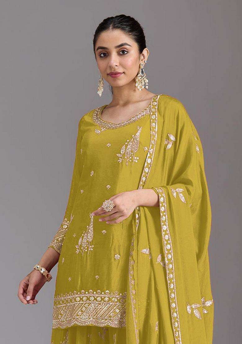 Olive Green Embroidered Chinon Kurta Set - Indya