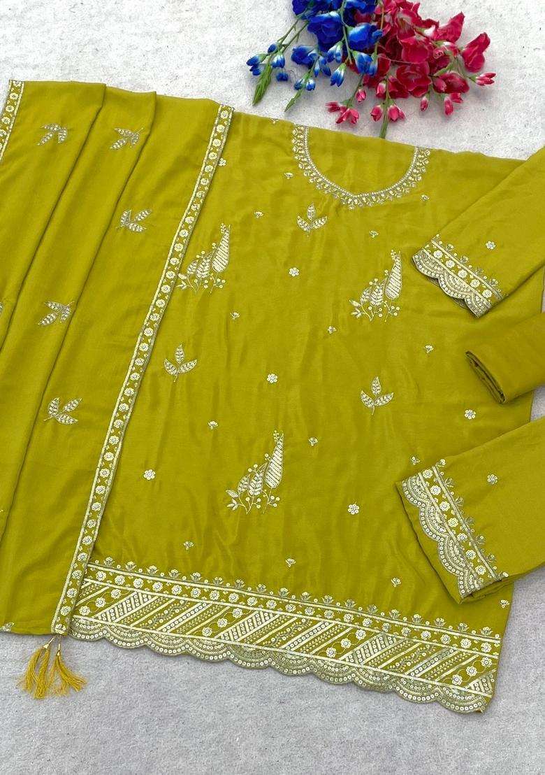 Olive Green Embroidered Chinon Kurta Set - Indya