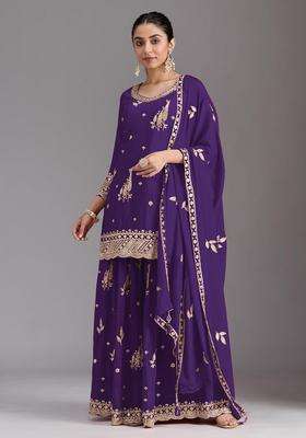 Royal Purple Embroidered Chinon Kurta Set