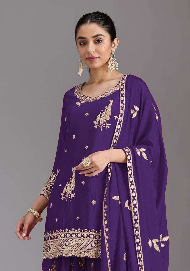 Royal Purple Embroidered Chinon Kurta Set - Indya