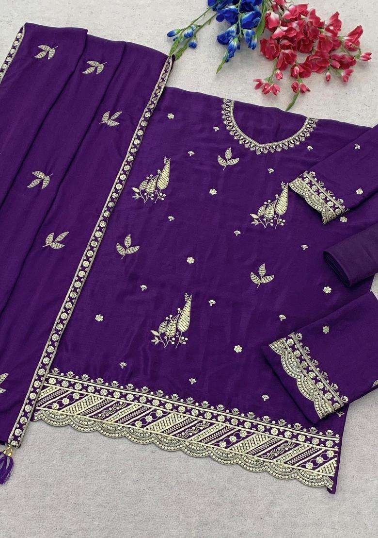 Royal Purple Embroidered Chinon Kurta Set - Indya