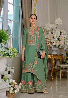 Green Embroidered Chinon Kurta Set