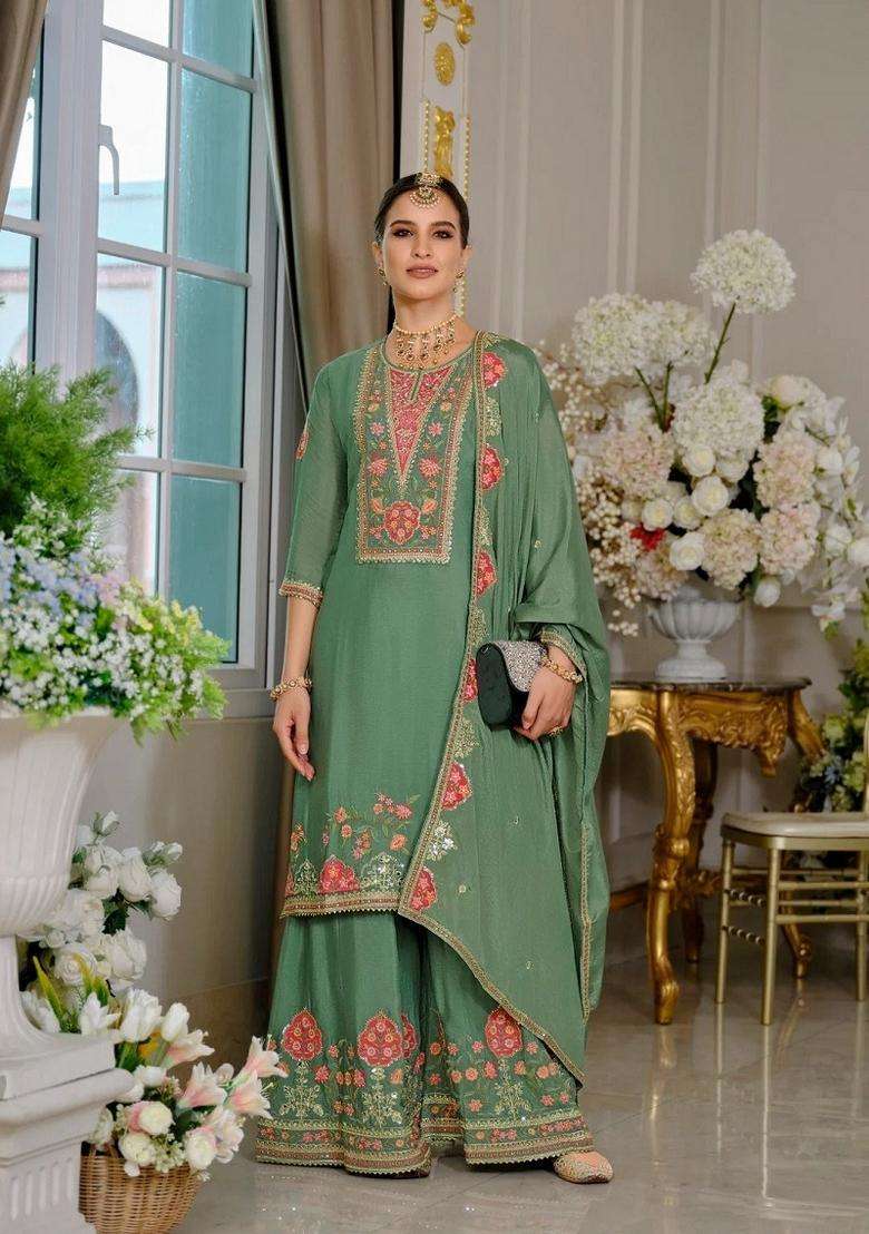Green Embroidered Chinon Kurta Set - Indya
