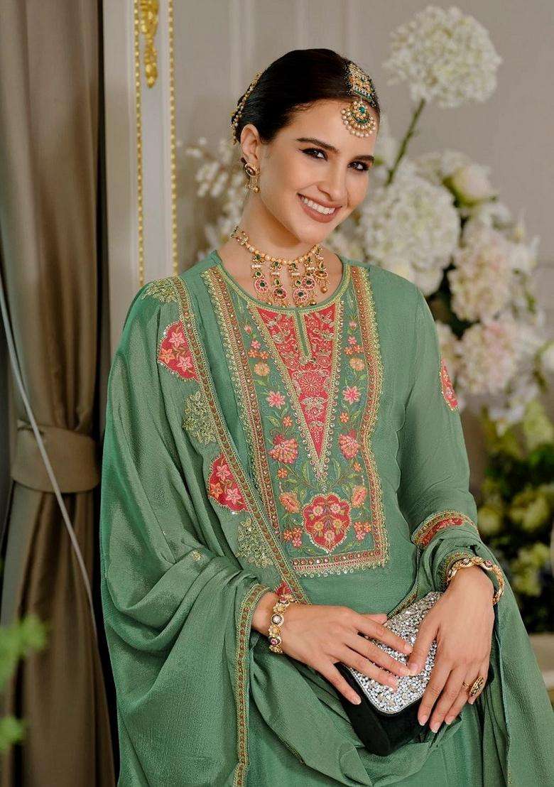 Green Embroidered Chinon Kurta Set - Indya