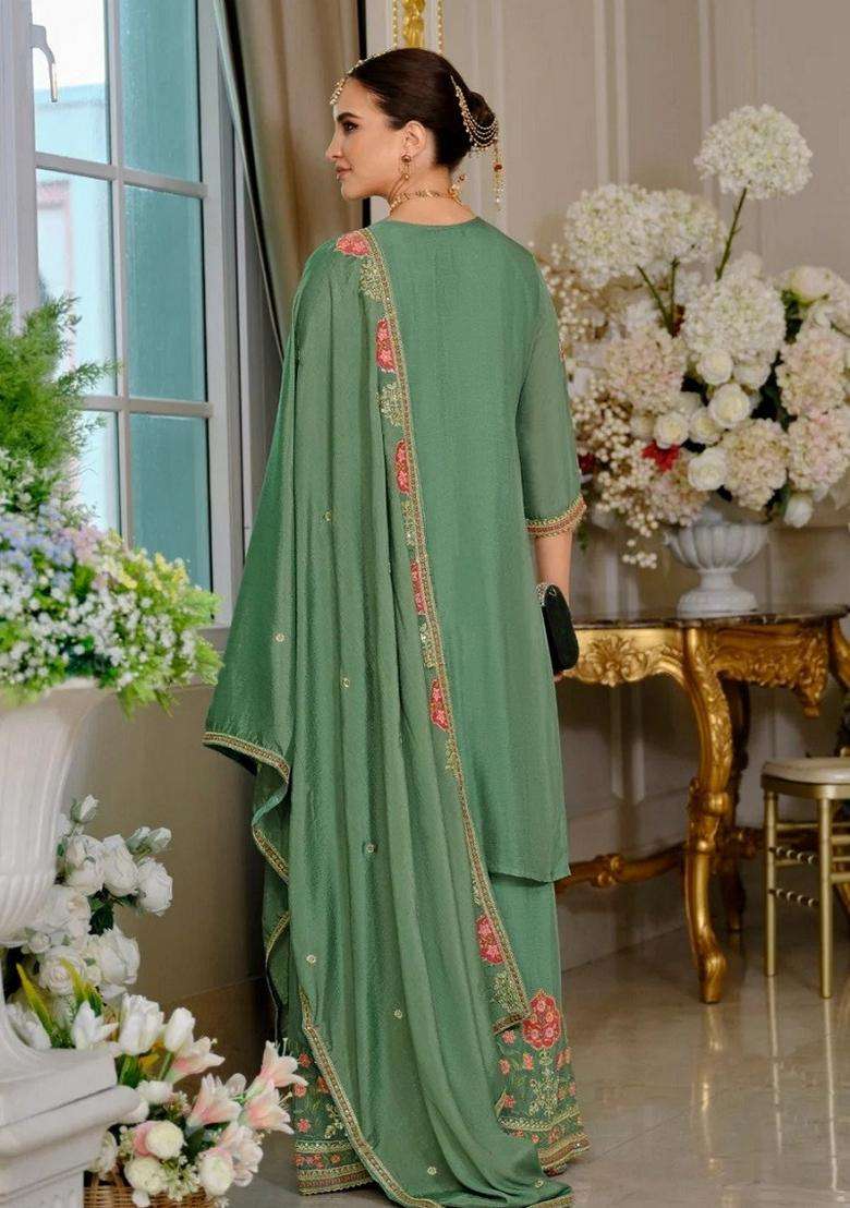 Green Embroidered Chinon Kurta Set - Indya
