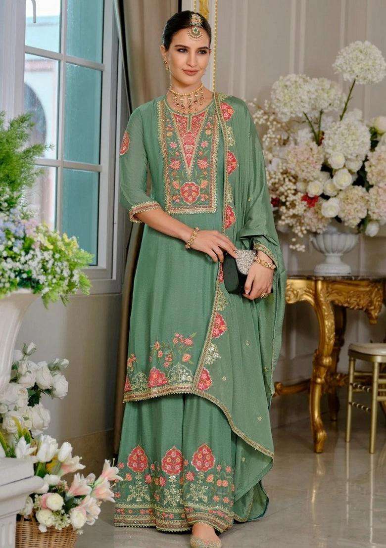 Green Embroidered Chinon Kurta Set - Indya