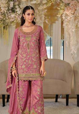 Pink Embroidered Chinon Kurta Set