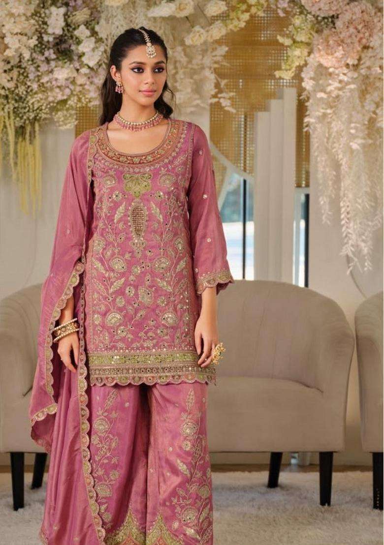 Pink Embroidered Chinon Kurta Set - Indya