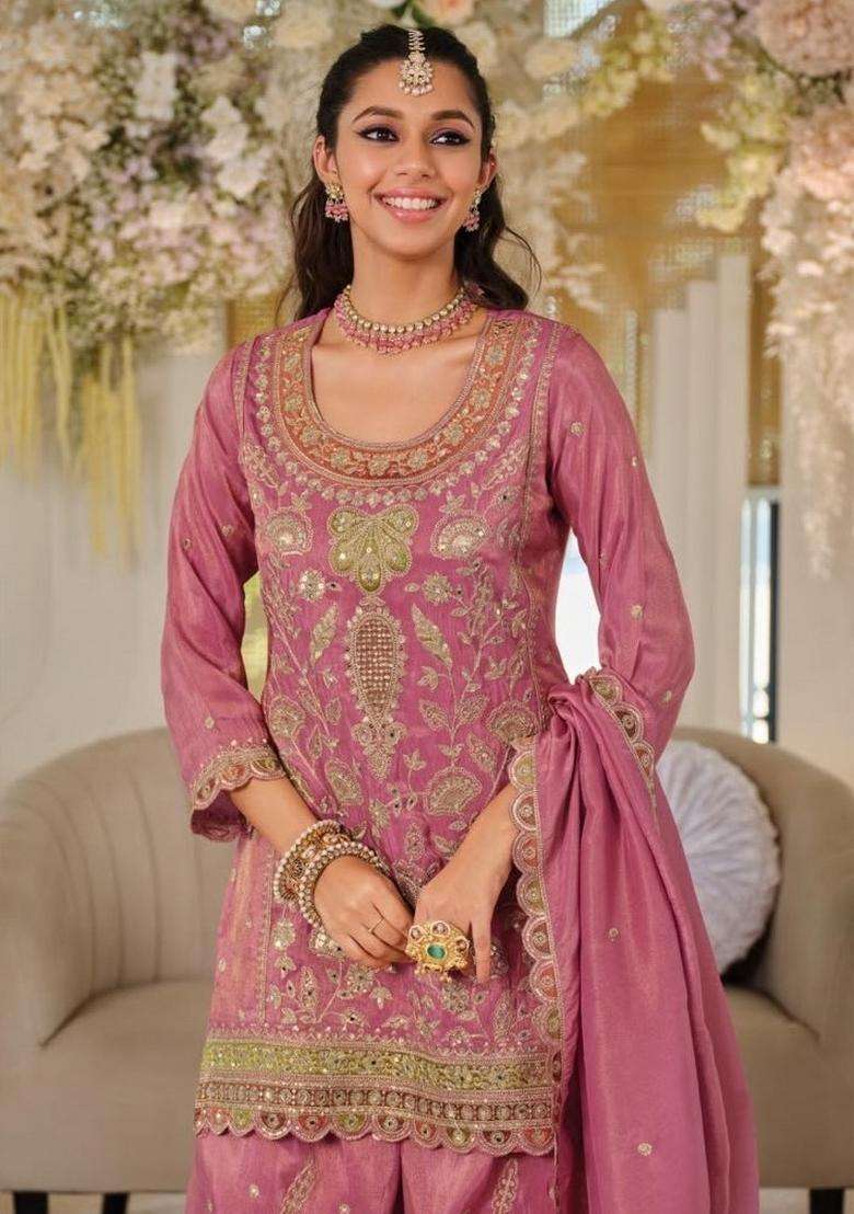 Pink Embroidered Chinon Kurta Set - Indya