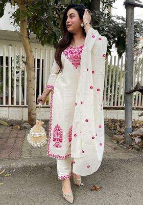 Off White Embroidered Silk Kurta Set