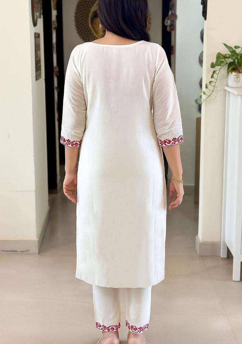 Off White Embroidered Silk Kurta Set - Indya