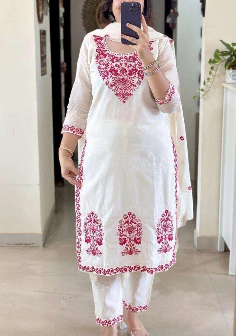 Off White Embroidered Silk Kurta Set - Indya