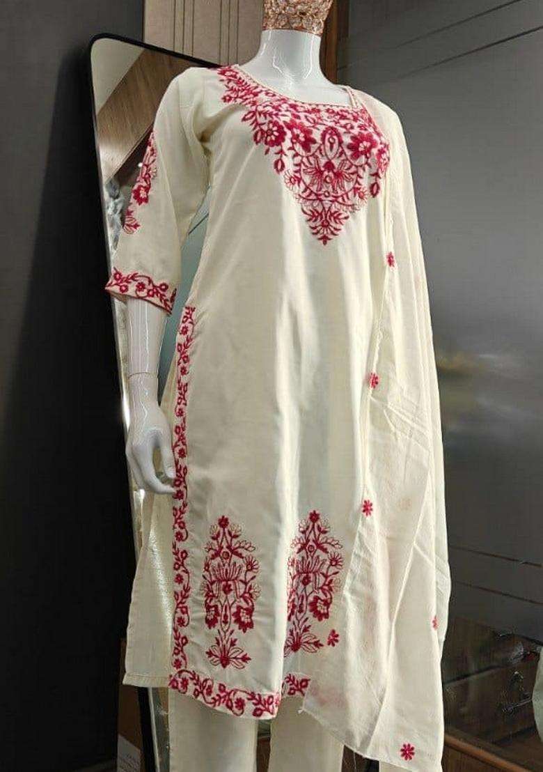 Off White Embroidered Silk Kurta Set - Indya