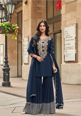 Blue Embroidered Silk Kurta Set