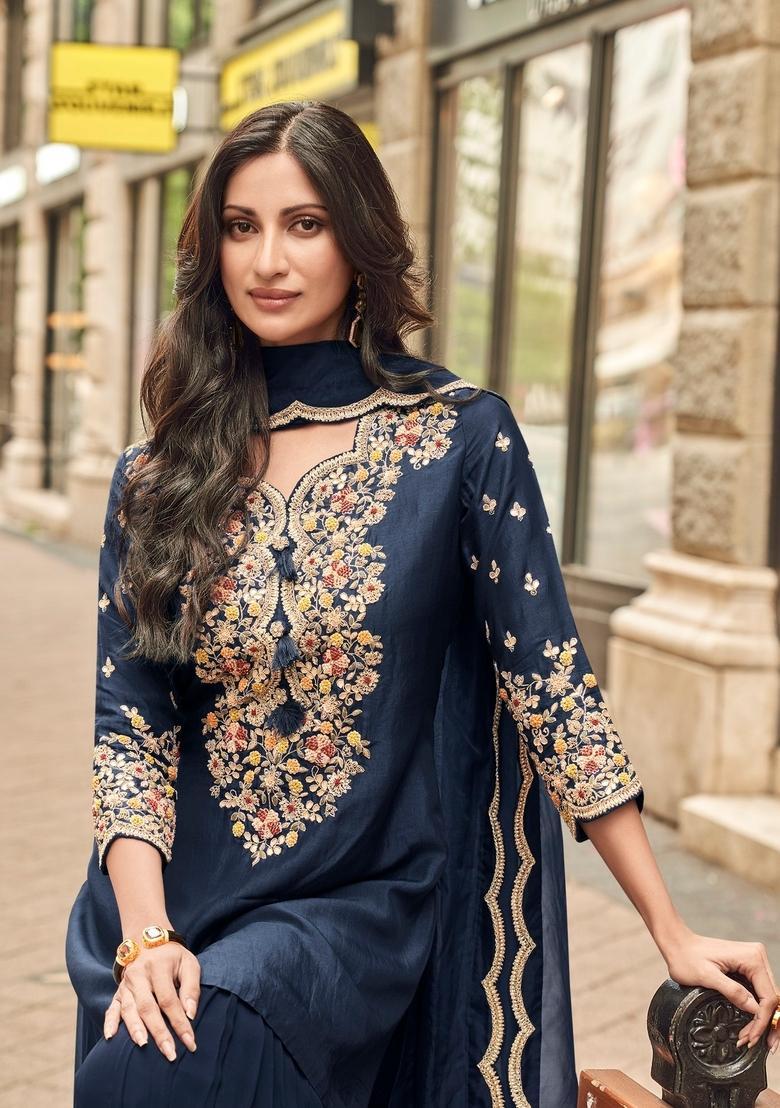 Blue Embroidered Silk Kurta Set - Indya