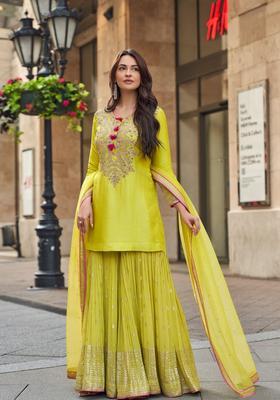 Olive Yellow Embroidered Silk Kurta Set