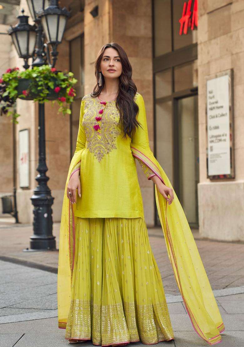 Olive Yellow Embroidered Silk Kurta Set - Indya