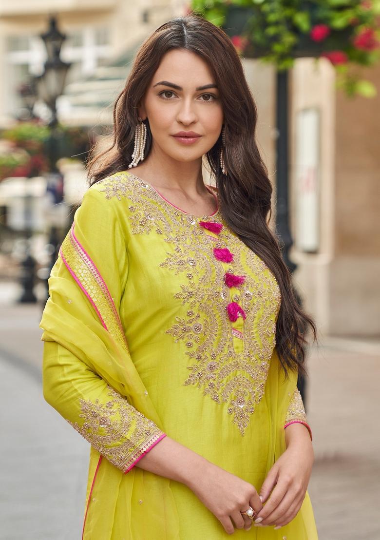Olive Yellow Embroidered Silk Kurta Set - Indya