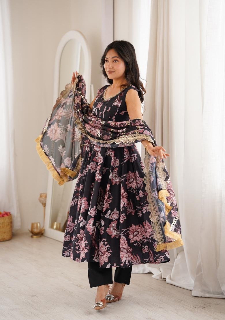 Black Printed Silk Gown Set - Indya