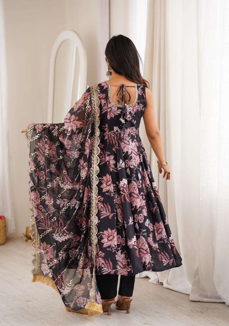 Black Printed Silk Gown Set - Indya