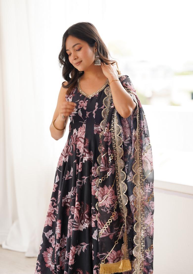 Black Printed Silk Gown Set - Indya