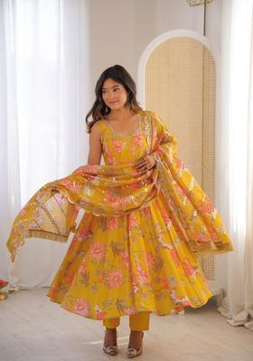 Yellow Printed Silk Gown Set